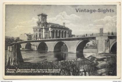 Skopje / North Macedonia: Officers' Mess & Car Dušan Bridge (Vintage PC 1936)