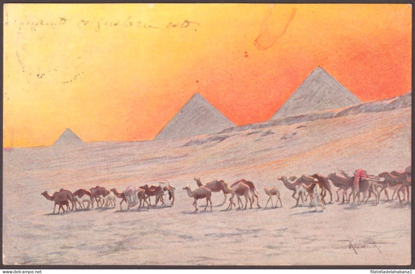 F-EX45326 EGYPT 1912 POSTCARD ALEXANDRIE ARCHEOLOGY CAMELS & PYRAMIDS TO SPAIN.