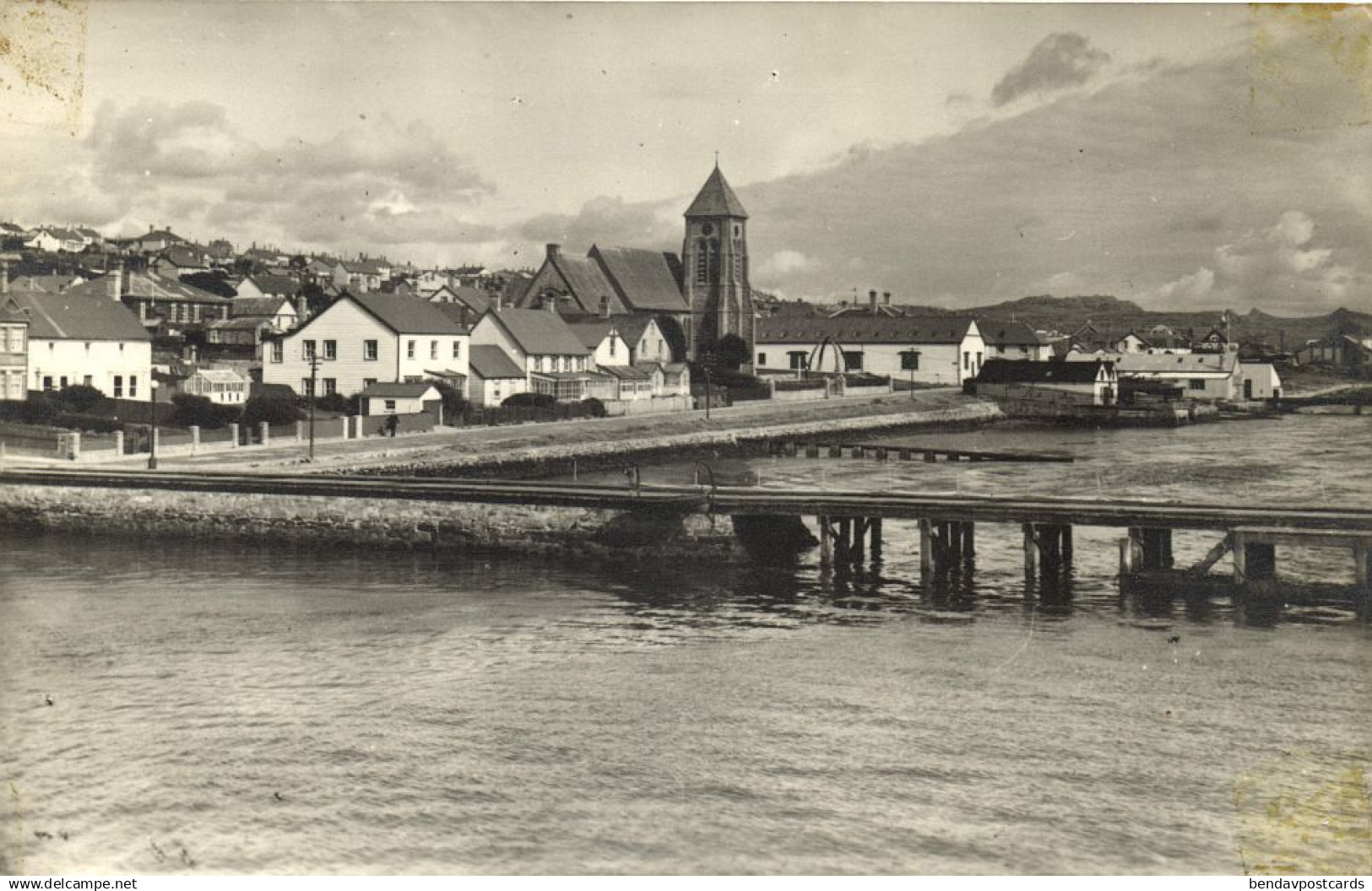 Falkland Islands, PORT STANLEY, Ross Road and Cathedral (1950s) RPPC Postcard