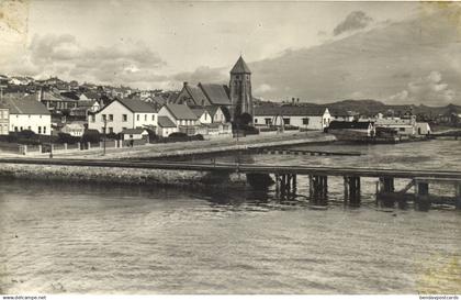 Falkland Islands, PORT STANLEY, Ross Road and Cathedral (1950s) RPPC Postcard