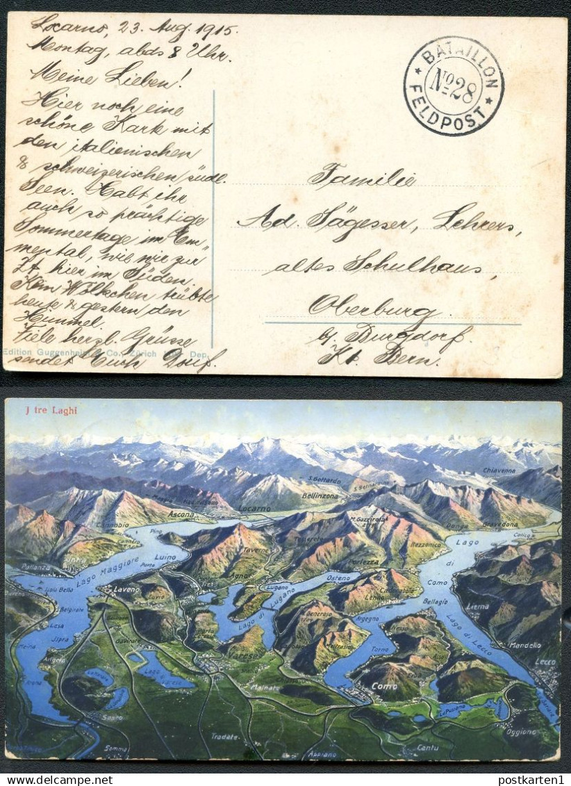 FELDPOST Ansichtskarte TRE LAGHI Bataillon No.28 Locarno - Oberburg Burgdorf 1915