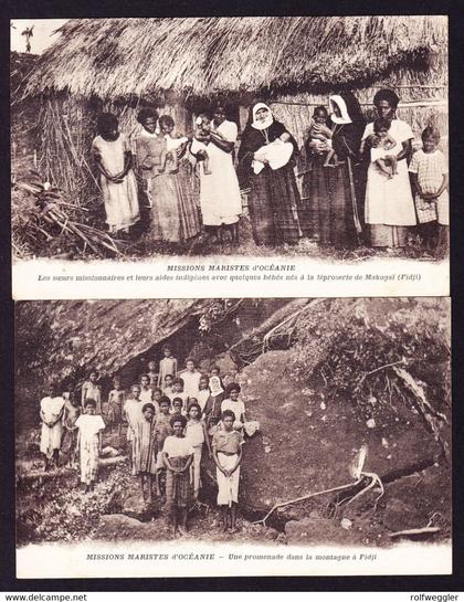 1935  2 ungelaufene AKs mit viel Text, Missionare in Fidschi. 1x Makogai