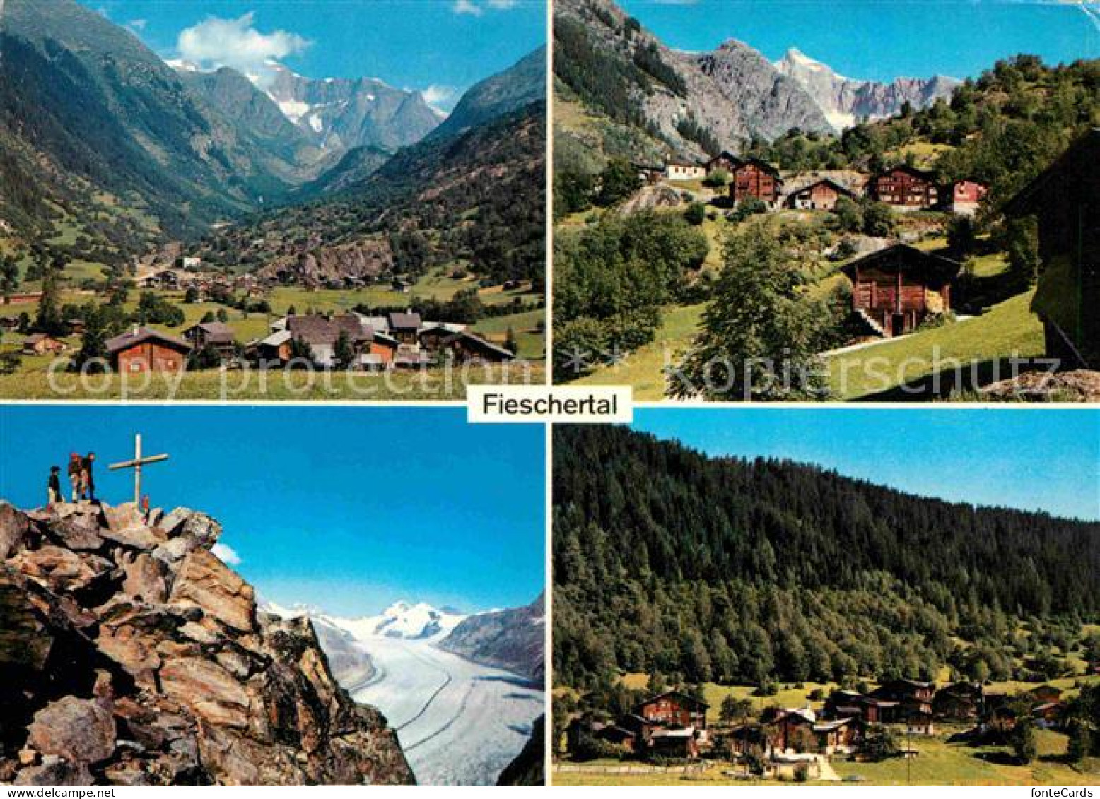 Fieschertal Gesamtansicht mit Alpenpanorama Gipfelkreuz Gletscher