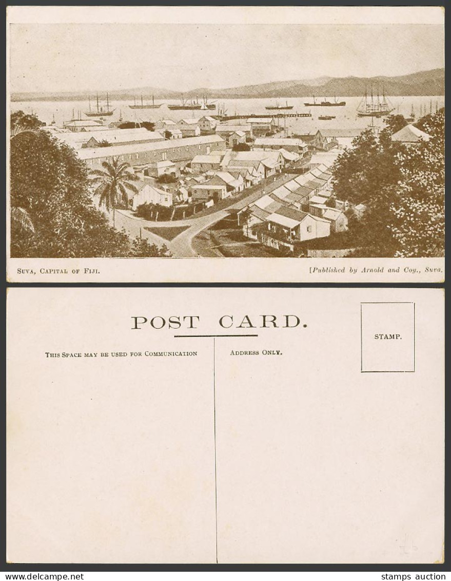 Fijian Old Postcard Suva, Capital of Fiji, Harbour Ships Boats Streets Panorama