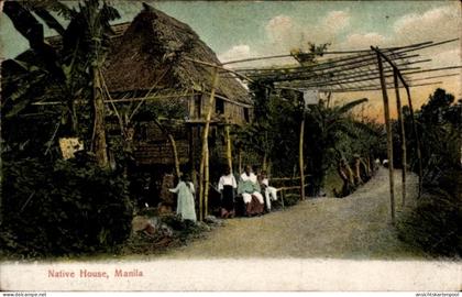 CPA Manila Philippinen, Einheimisches Haus, Menschen in traditioneller Kleidung, Straße