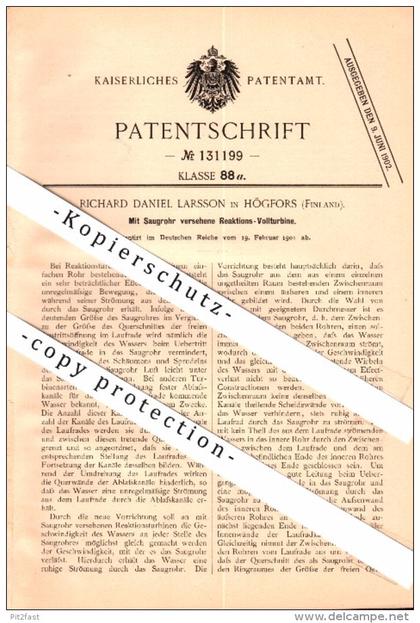 Original Patent - Richard D. Larsson in Högfors , Finnland , 1901 , Reaktions - Vollturbine !!!