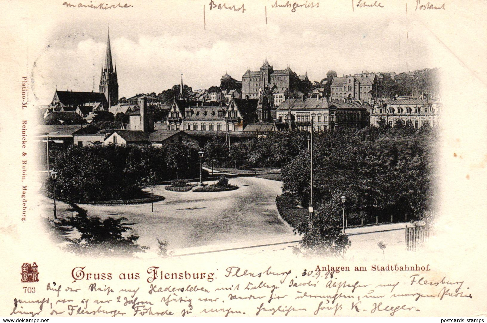 Flensburg, Anlagen am Stadtbahnhof, 1898 von Flensburg nach Berlin versandt