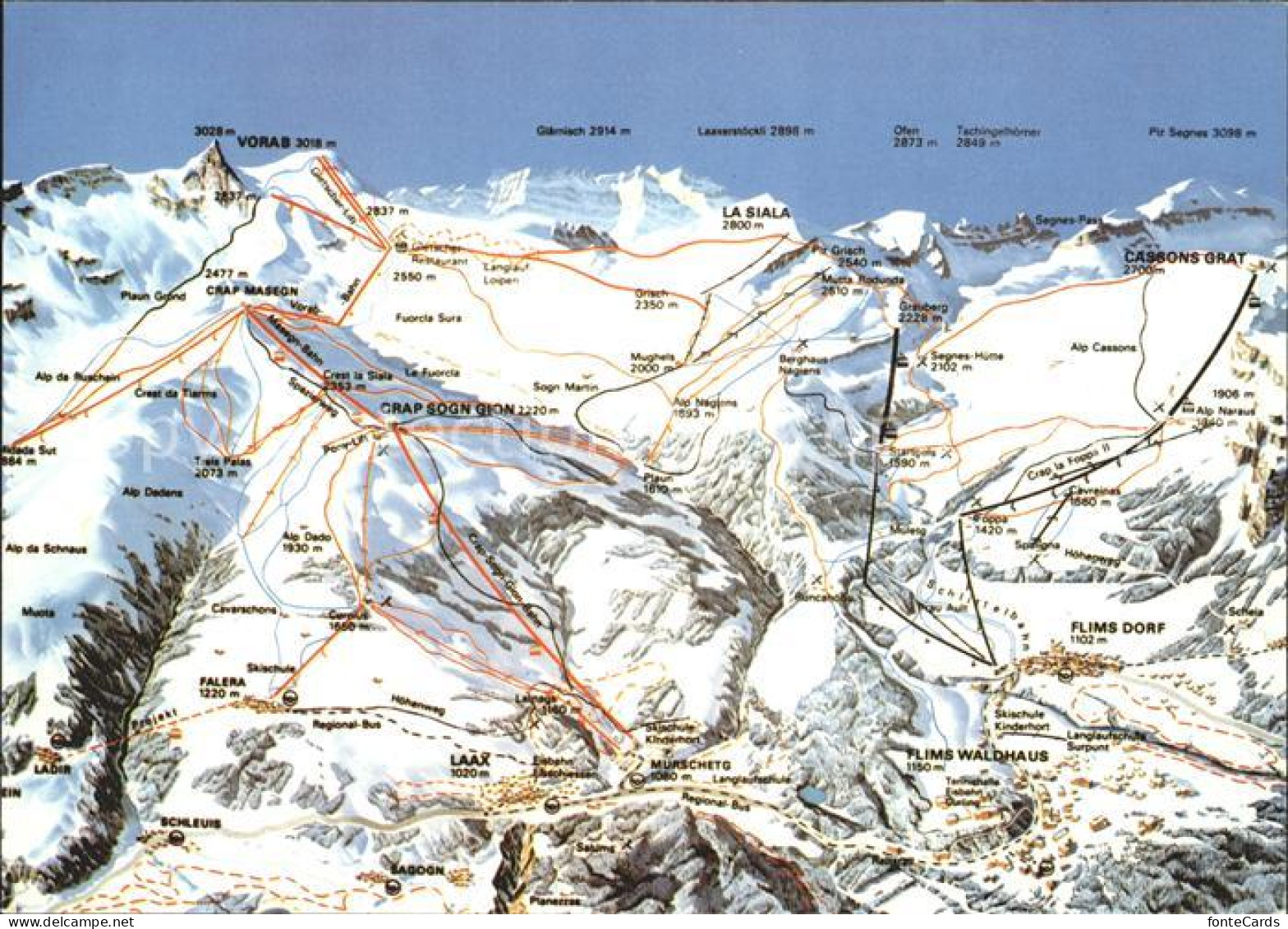 Flims GR mit Laax und Falera Skigebiet Panorama Loipenkarte