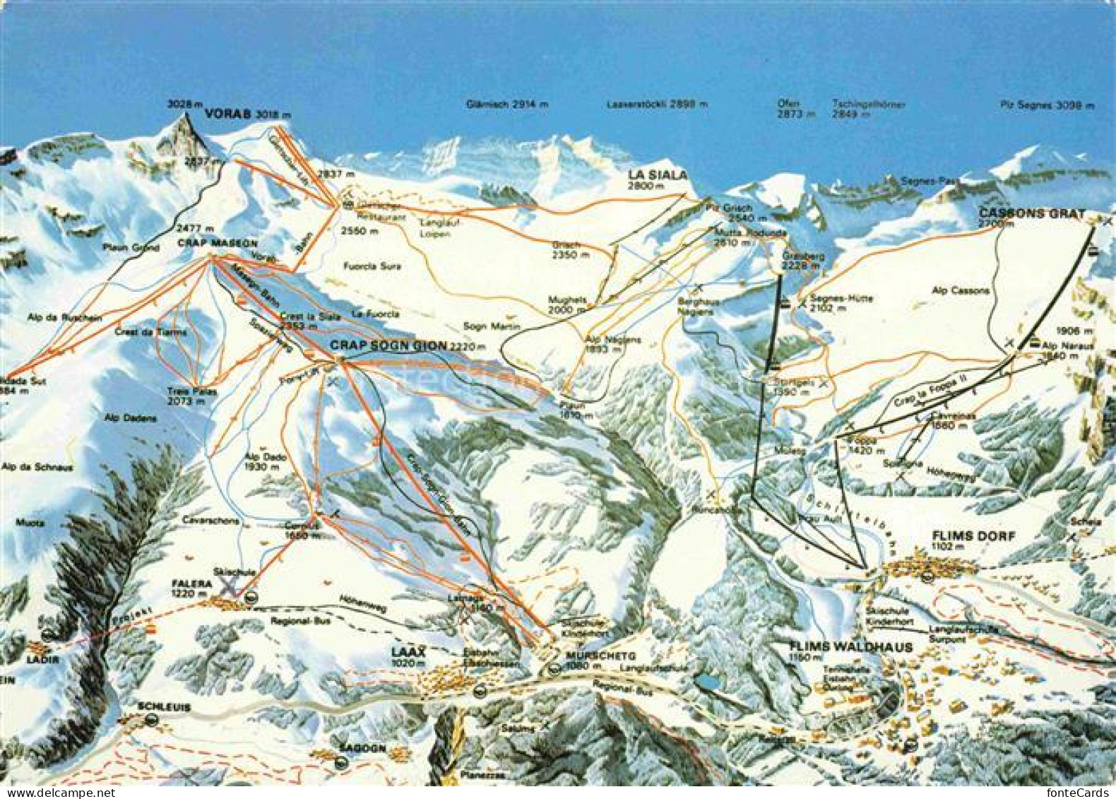 Flims GR Weisse-Arena Vorab Skigebiet Pistenkarte Laax Falera Flims-Waldhaus Fli