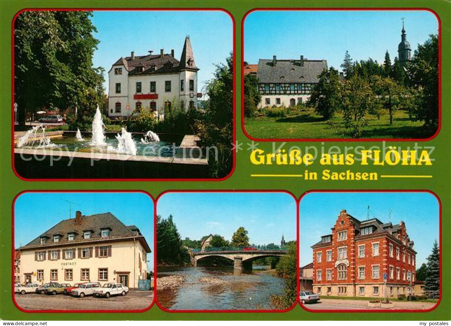 Floeha Wasserspiele Fachwerk Partie am Fluss Bruecke Postamt Rathaus