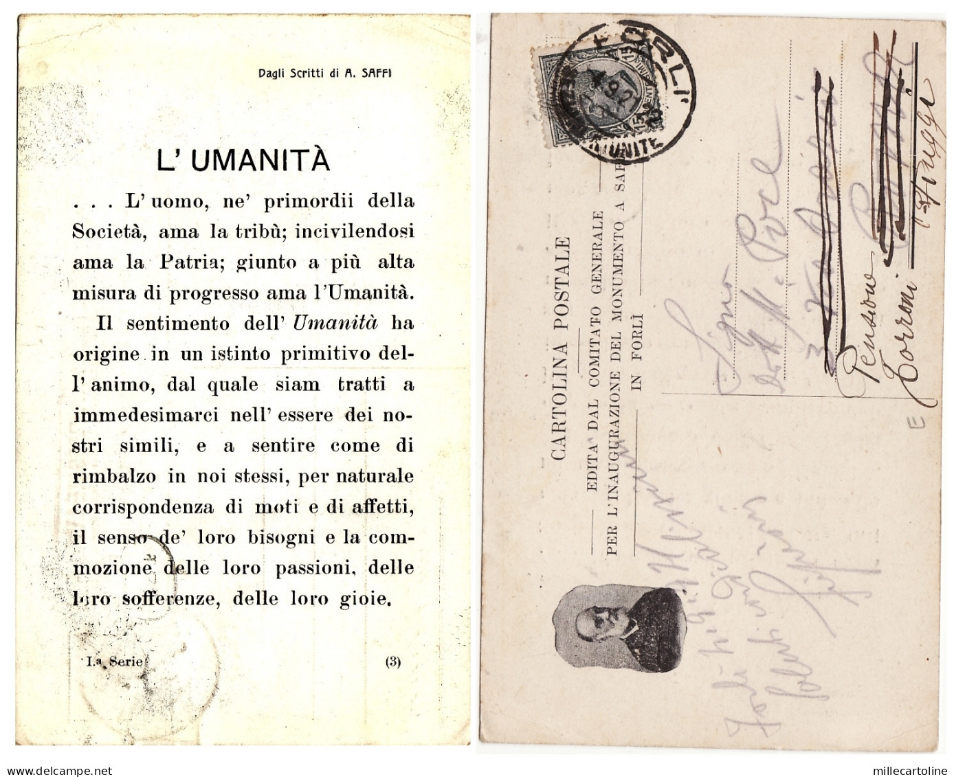 #FORLI':  CART. EDITA COMITATO GEN. PER INAUGURAZIONE MONUM. A SAFFI Forlì