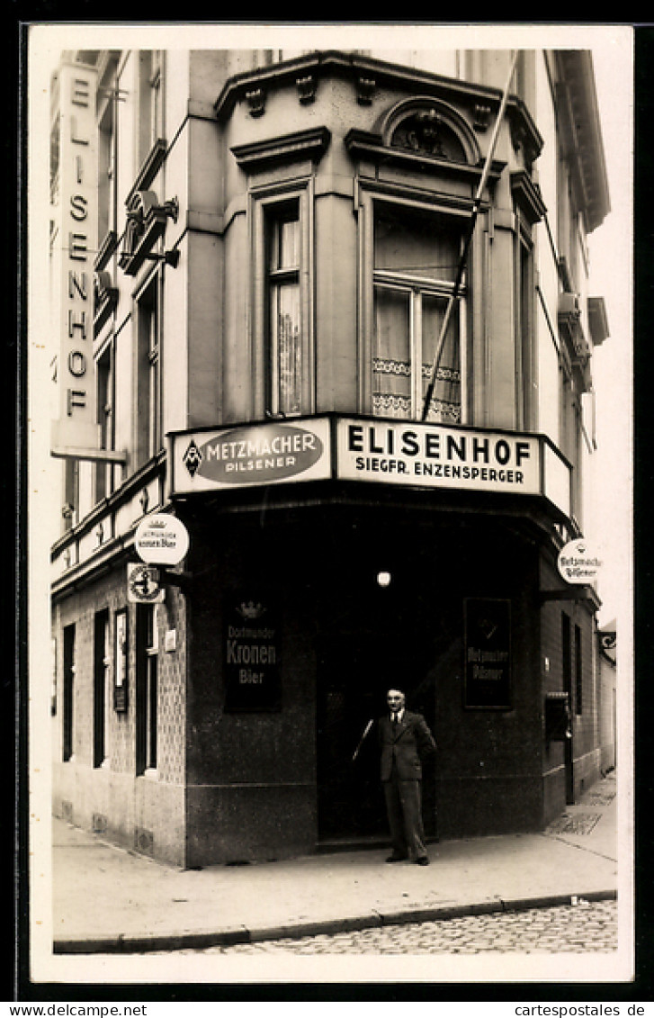 Foto-AK Frechen, Restaurant Elisenhof von Siegfr. Enzensperger, Werbung für Metzmacher Pilsener