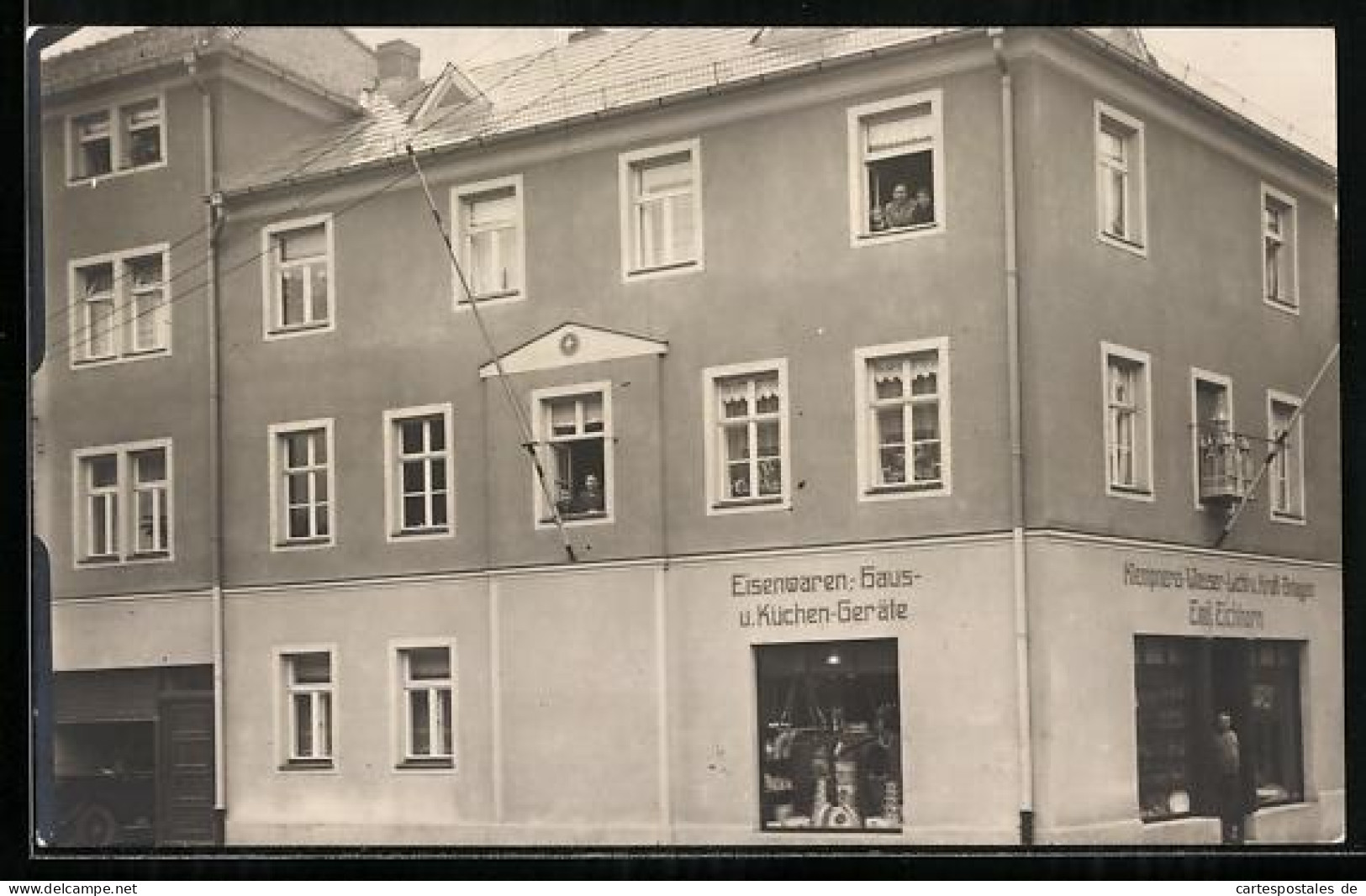 Foto-AK Rötha, Geschäft Emil Eichhorn in der Marienstrasse Ecke August-Bebel-Strasse