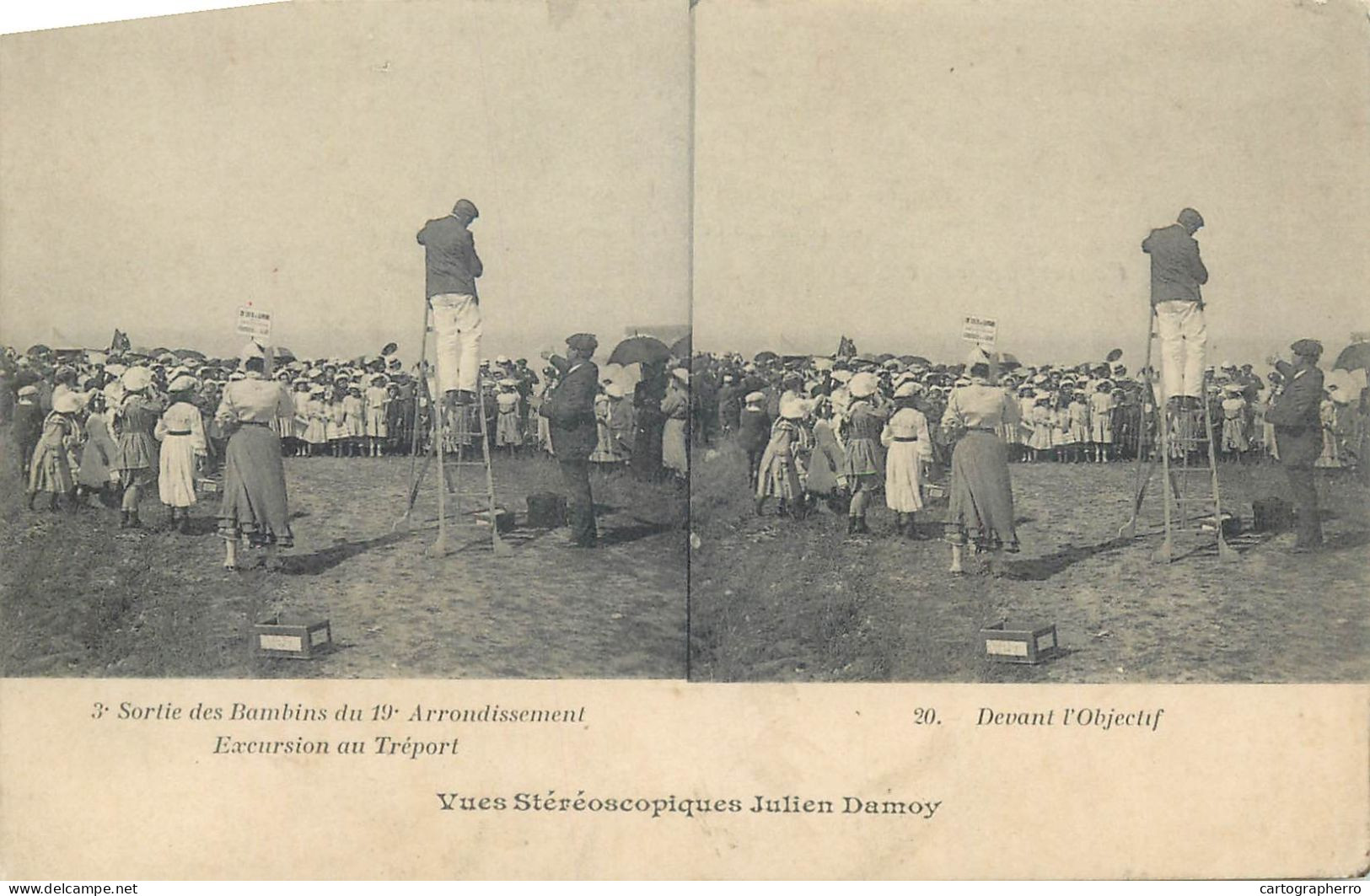 France cpa stereoscopique sortie des bambins du 19 arrondissement excursion au Treport