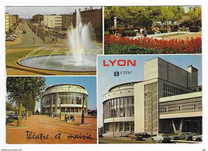 CP MULTIVUES LYON 8 ème, FONTAINE DES ETATS UNIS, THEATRE ET MAIRIE DU 8ème ARRONDISSEMENT ( P. BOURDEIX ARCHITECTE )