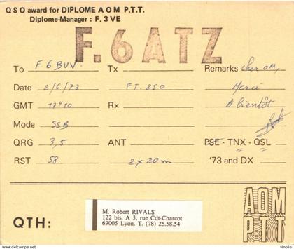 P-26-1255 T-PL : CARTE DE RADIO AMATEUR. LYON 9° ARRONDISSEMENT. ROBERT RIVALS. RUE DU COMMANDANT CHARCOT