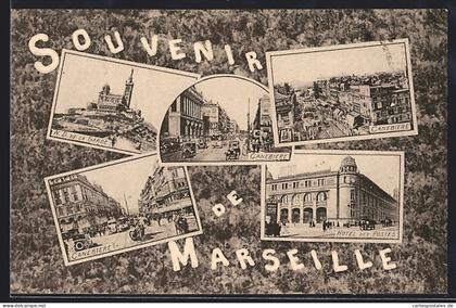CPA Marseille, Souvenir avec Vue de la Gare, Canebière et Hôtel des Postes