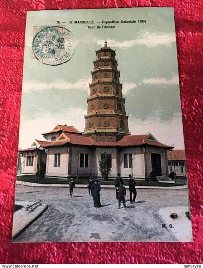 1906 Tour de Annam Indochine-Vietnam Marseille Exposition Coloniale Pavillon-Cachet à date Melle Capucines-Carte Postale