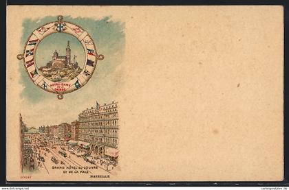 Lithographie Marseille, Grand Hôtel du Louvre et de la Paix avec Notre-Dame de la Garde