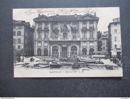 AK Frankreich 1915 MARSEILLE HOTEL DE VILLE / Straßenbahn und kleine Segelboote