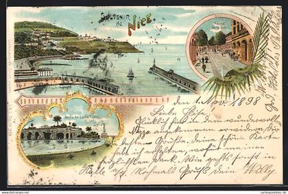 Lithographie Nice, vue générale, Avenue de la Gare, Grotte du Jardin Public