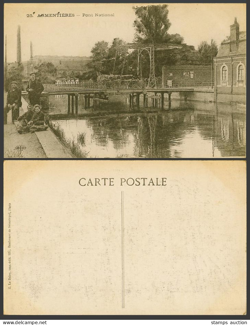 France Old Postcard Armentieres National Bridge River Armentières Men & Children