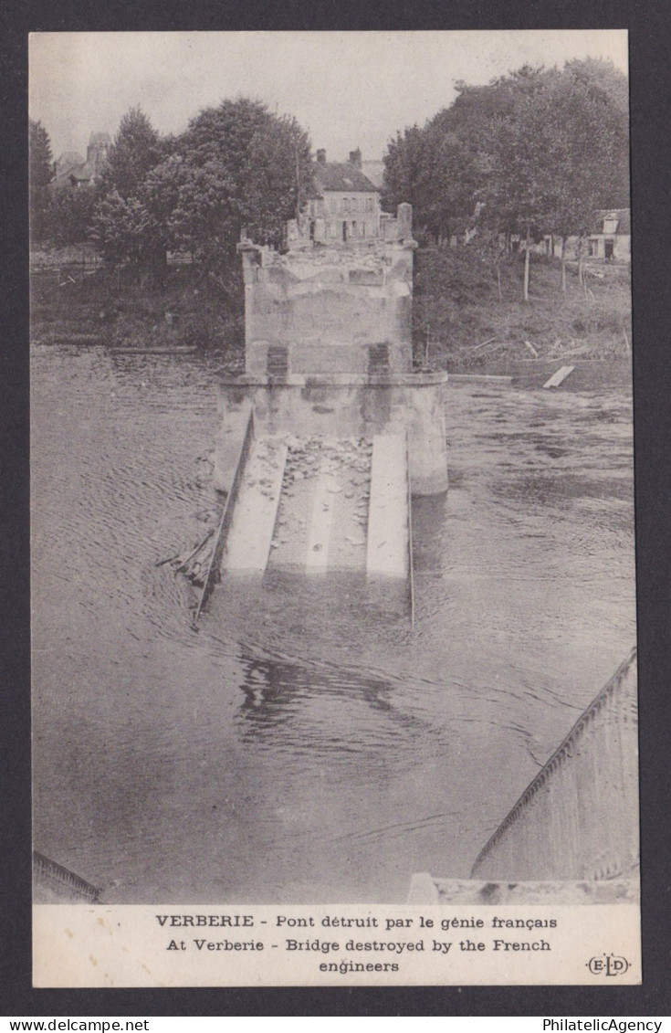 FRANCE, Postcard, Verberie, Bridge destroyed by the French engineers, WWI