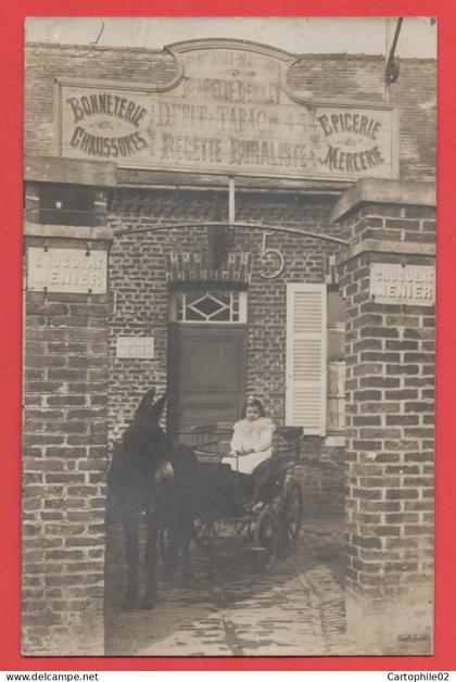 02 - Grugies - Carte photo attelage d'ane devant une épicerie débit de tabac - Voir description pour les détails