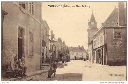 - allier -ref-B765 - ygrande - rue de paris - publicite cycles peugeot nicolas - publicites - magasin - hotel de france