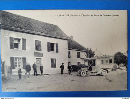 Blamont (Doubs 25 ) , l'autobus et route de Damvant (Suisse ) automobile Peugeot
