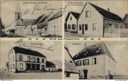 CPA Fessenheim Elsass Haut Rhin, Pfarrhaus, Gemeindehaus, Konsumgeschäft der Darlehnskasse