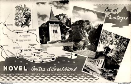 CPA Novel Haute Savoie, Kirche, Berg, Landkarte, Lac Leman, Vouvry, Thonon, Evian, Abondance