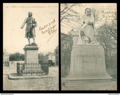 3 Cp - PARIS - Statue de Balzac - Statue Velasquez - Statue de Jean Jacques Rousseau - 1908