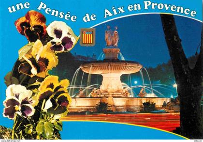 13 - Aix en Provence - Grande Fontaine sur la Rotonde - Vue de Nuit - Une Pensée de Aix en Provence - Fleurs - CPM - Voi