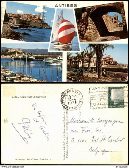 CPA Antibes Mehrbildkarte mit Hafen, Altstadt und Segelboot 1974