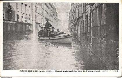 Paris CPA Inondations 1910 Canot automobile rue de l'universite