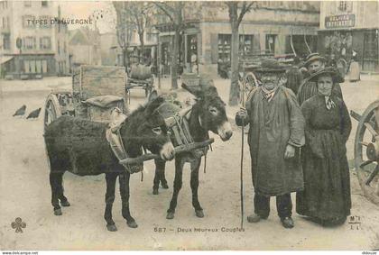 Carte Postale Ancienne - France - Auvergne - Types d'auvergne - Deux heureux couples - Animée - Anes - CPA - Oblitératio
