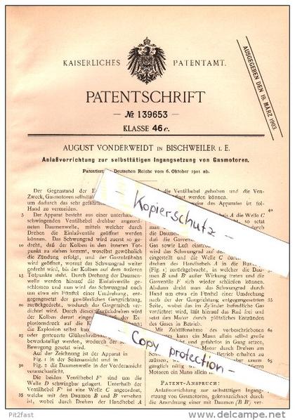 Original Patent - August Vonderweidt à Bischweiler / Bischwiller , 1901 , Démarreur pour moteurs à gaz !!!