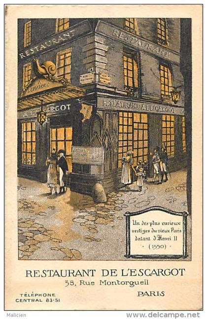 - ref -H721 - paris - carte illustree publicite restaurant de l escargot - 38 rue montorgueil - carte bon etat -