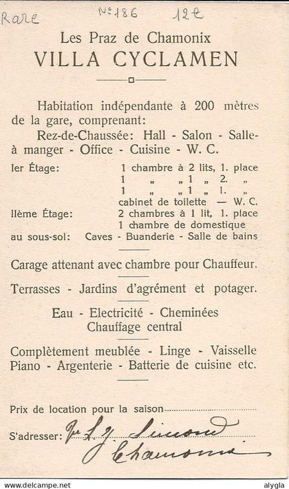 74 - CHAMONIX - LES PRAZ - VILLA CYCLAMEN - CPA signée SIMOND, propriétaire. verso imprimé description de la location