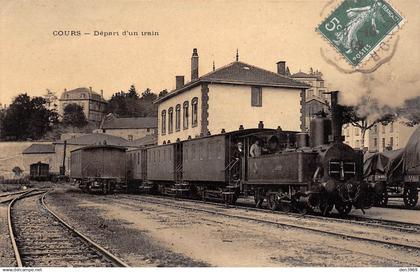 COURS-la-Ville (Rhône) - Départ d'un train - Gare, Locomotive - Voyagé 1909 (2 scans)