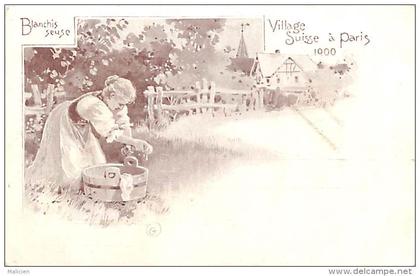 paris - ref B200 - village suisse a paris  - exposition 1900 - blanchisseuse -  illustrateur - carte bon etat -
