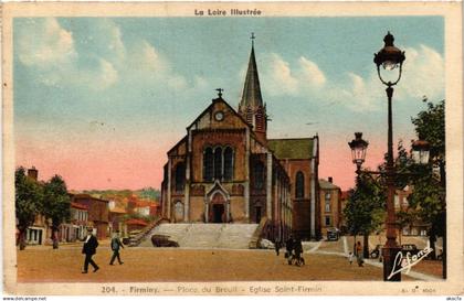 CPA AK FIRMINY - Place du Breuil - Église St-FIRMINY (459876)