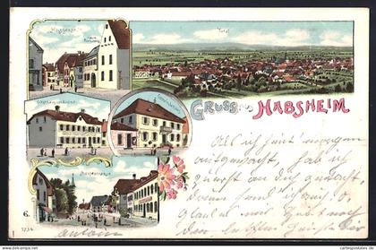 Lithographie Habsheim, Gemeindehaus, Holzgasse, Gasthaus zur Krone