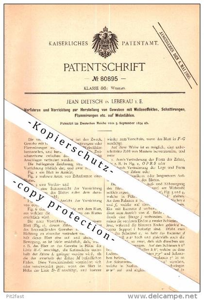 Original Patent - Jean Dietsch in Liepvre / Leberau i.E. , 1894 , La production de tissu sur des métiers !!!