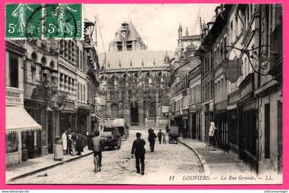 Louviers - La Rue Grande - Charrette - Animée - Commerces Antiquités, Imprimerie, Garage - LL - 1909 - Oblit. LOUVIERS