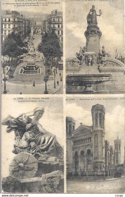 CPA Lyon vues multiples Chat de la Liberté Notre-Dame de Fourvières La statue de la République Place de la Répubilique