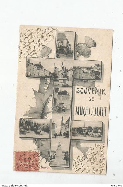 MIRECOURT (VOSGES) CARTE FANTAISIE SOUVENIR (CROIX DE LORRAINE ET VUES DE MIRECOURT) 1905