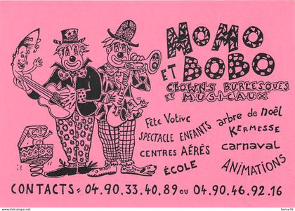 CPM - MORIERES - "BOBO et MOMO" clowns burlesques et musicaux - cirque - (carte de visite format CPM)