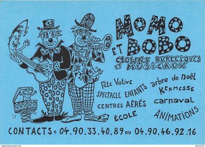 CPM - MORIERES - "BOBO et MOMO" clowns burlesques et musicaux - cirque - (carte de visite format CPM)